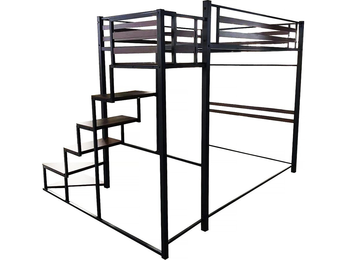 Letto a soppalco in metallo con scala "LENA" - 140 x 200 cm - Nero e marrone noce
