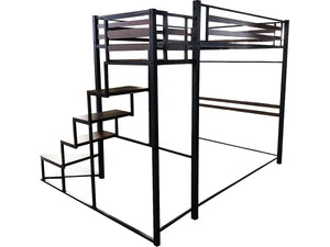Letto a soppalco in metallo con scala "LENA" - 140 x 200 cm - Nero e marrone noce