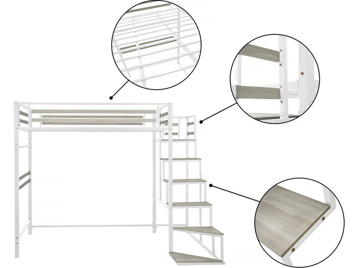 Letto a soppalco in metallo con scala "LENA" - 140 x 200 cm - Bianco