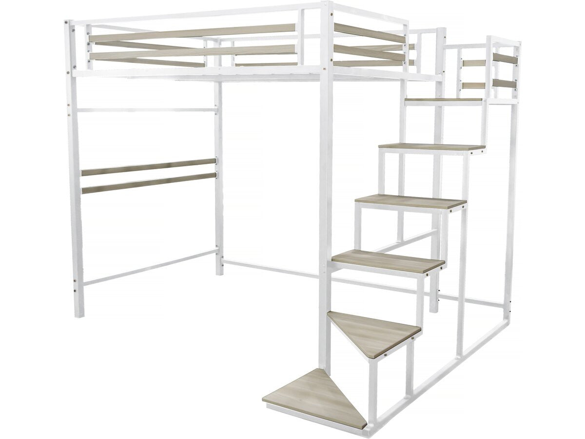 Letto a soppalco in metallo con scala "LENA" - 140 x 200 cm - Bianco