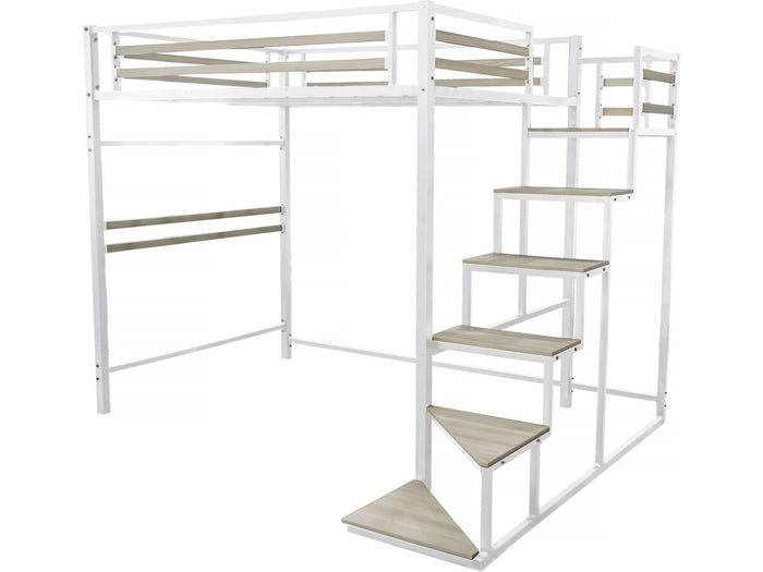 Letto a soppalco in metallo con scala "LENA" - 140 x 200 cm - Bianco