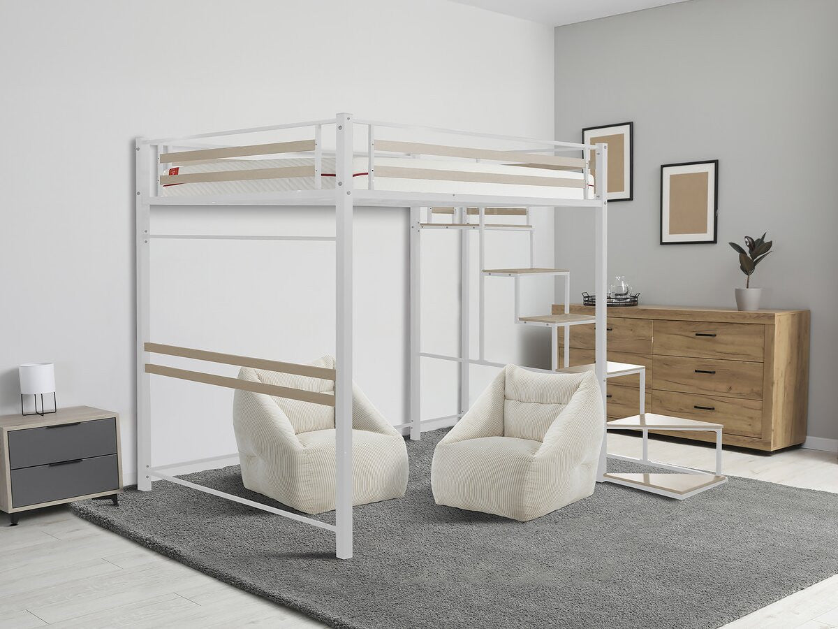 Letto a soppalco in metallo con scala "LENA" - 140 x 200 cm - Bianco