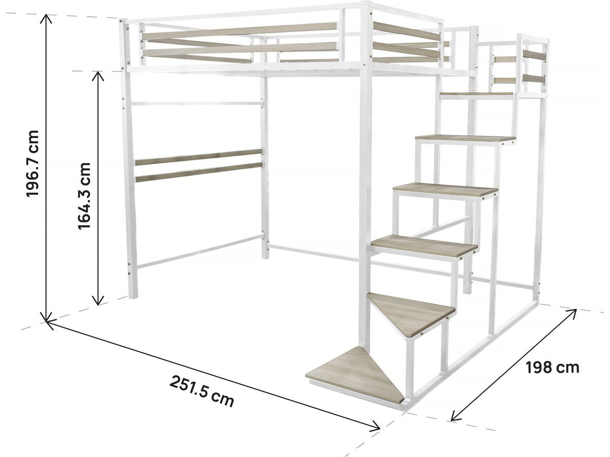 Letto a soppalco in metallo con scala "LENA" - 140 x 200 cm - Bianco