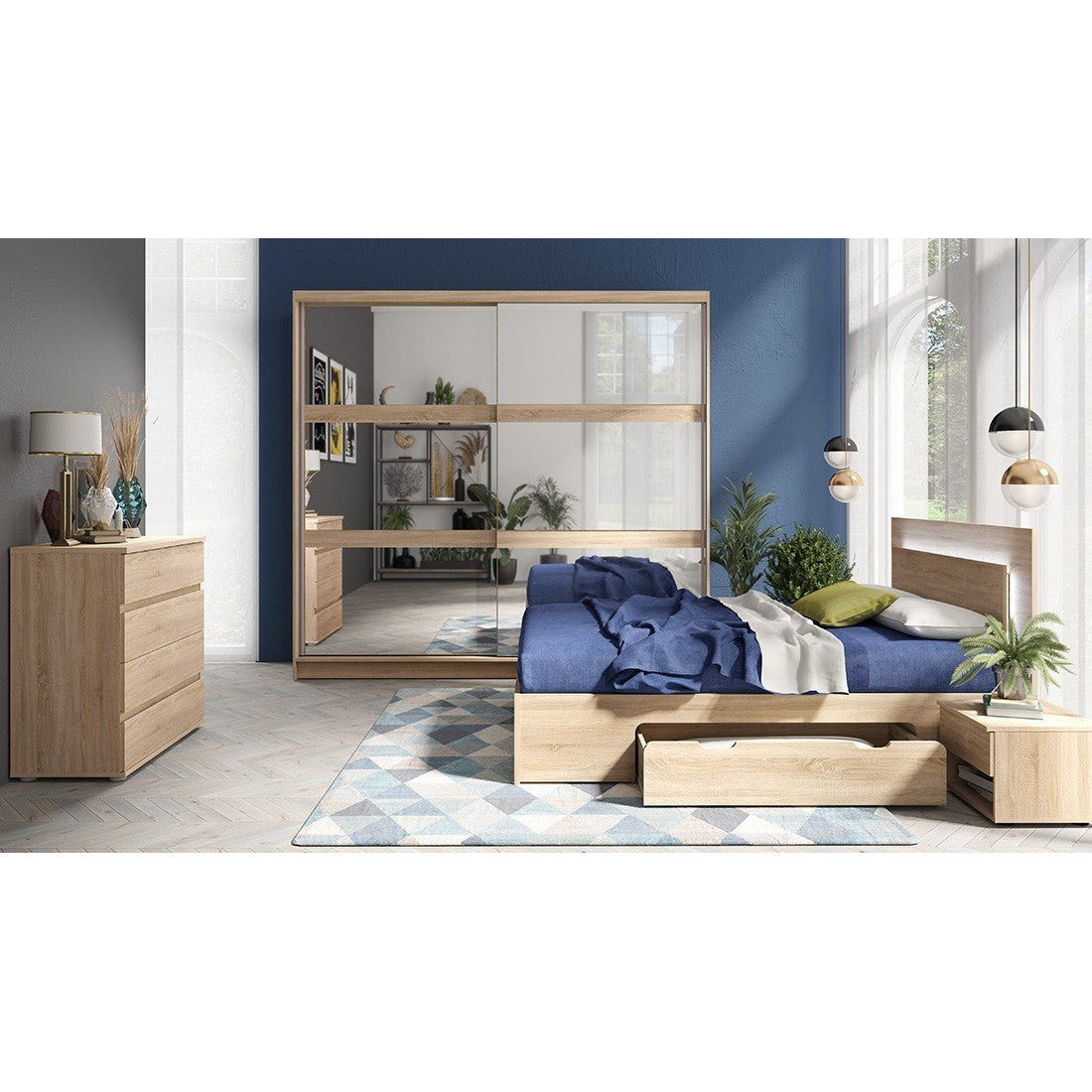 Letto NOFI 180 x 200 cm con doghe e 2 cassetti - colore rovere sonoma