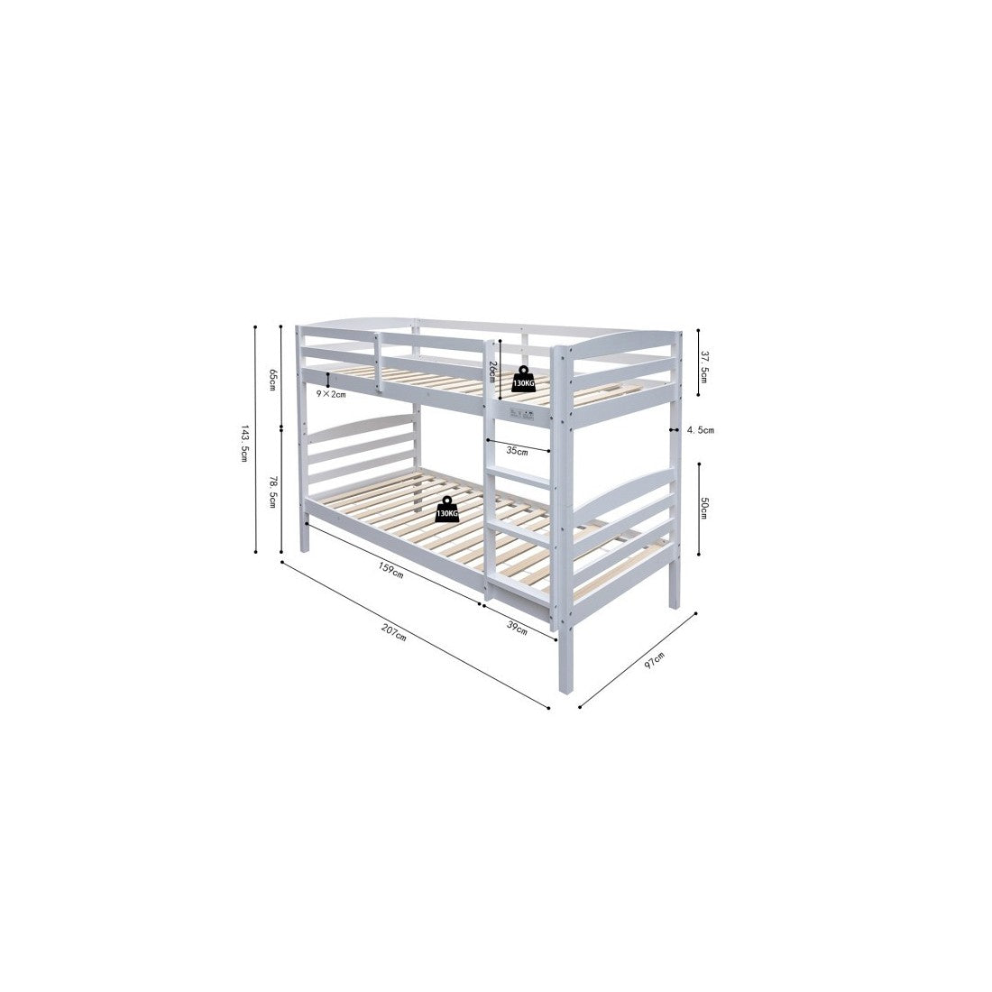 Letto a castello trasformabile 90x200 cm BOY – Legno massiccio – Bianco – Rete inclusa