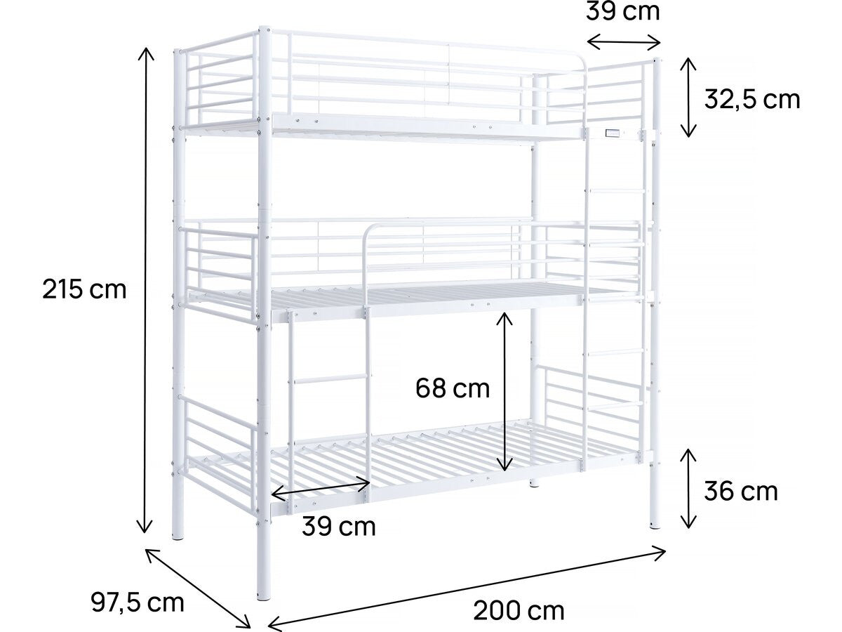 Letto a castello triplo in metallo "Havin" - 90 x 190 cm - Bianco