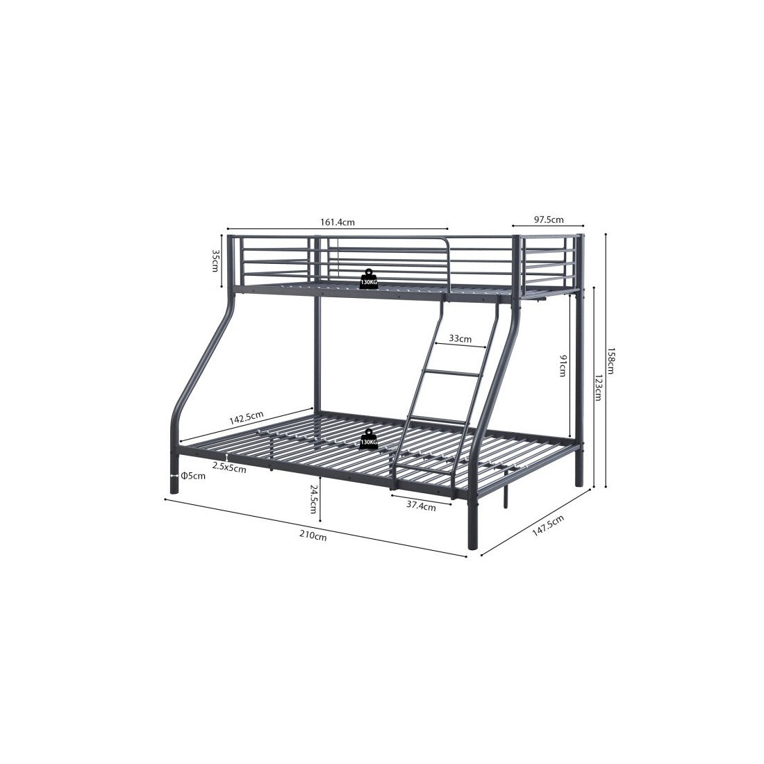 Letto a castello in metallo SAMMY - 90x200 & 140x200 cm - Grigio scuro - Rete inclusa