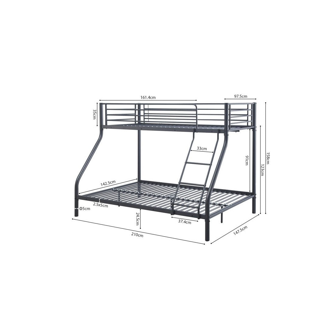 Letto a castello in metallo SAMMY - 90x200 & 140x200 cm - Grigio scuro - Rete inclusa