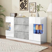 Credenza con illuminazione LED, cassetti, frontali lucidi ed effetto marmo, 140x35x75 cm, Bianco e Grigio