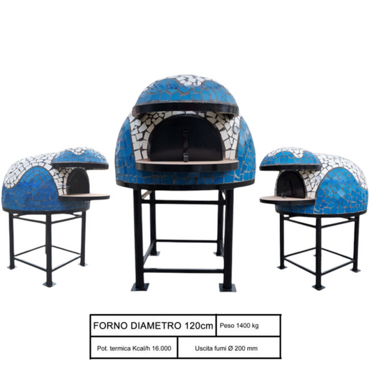Forno legna artigianale mosaico bianco azzurro linea wave diametro 120 con base