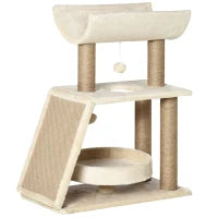 Albero Tiragraffi per Gatti con Lettino, Cuccia e Tappetino, in Legno, Peluche e Sisal, 60x30x76 cm, Marrone Chiaro