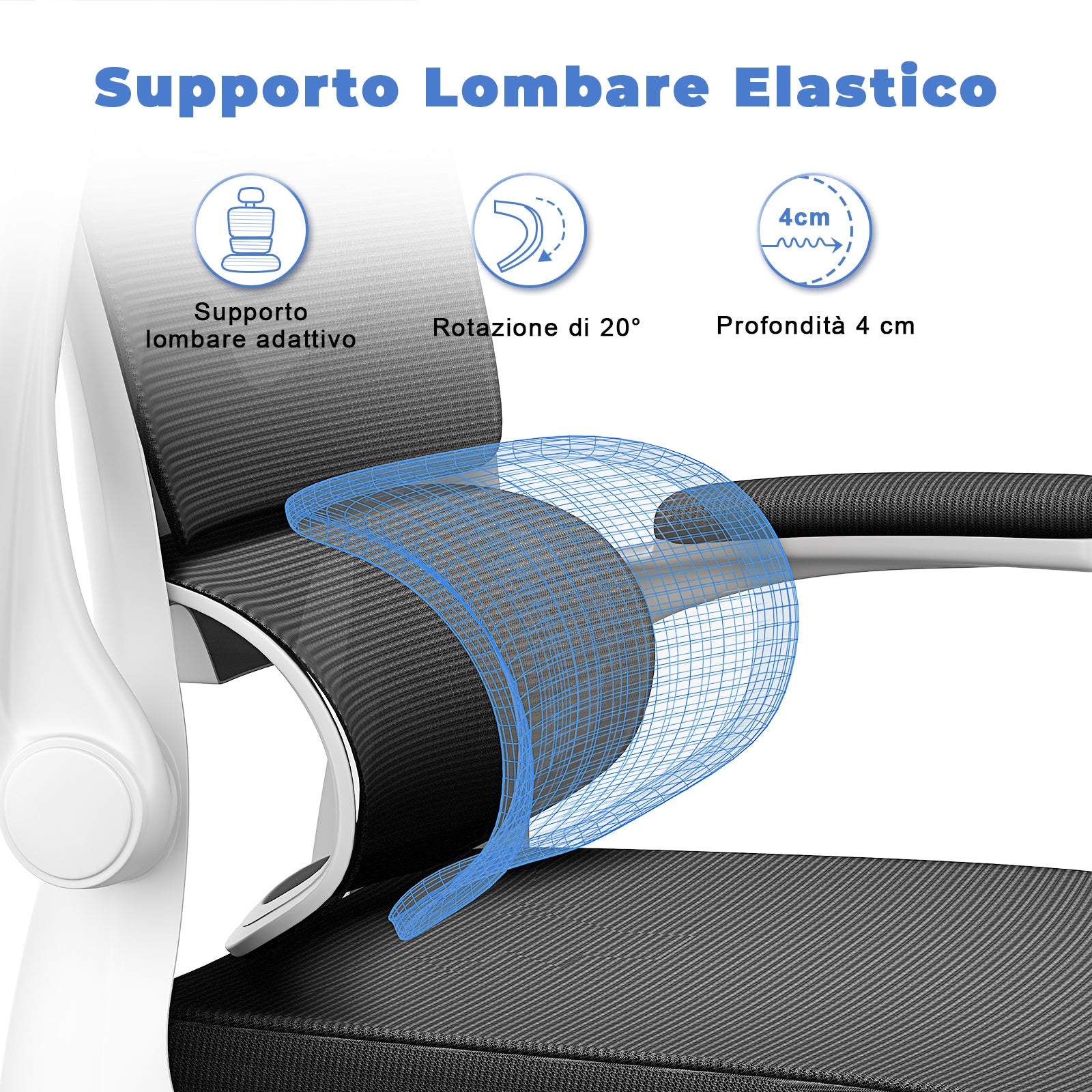 Sedia Ufficio con Supporto Lombare - RATTANTREE  - Poggiatesta Braccioli Regolabili e Schienale Reclinabile - Bianco