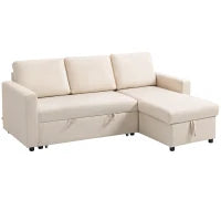 Divano angolare convertibile con chaise longue, vano portaoggetti e 3 cuscini per schienale, 211.5x146x85cm, crema