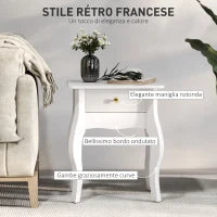 Tavolino da Salotto con Cassetto in Stile Francese con Gambe Curve, 45x35x55 cm, Bianco
