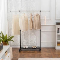 Stender Appendiabiti Estensibile con Ruote, Asta in Acciaio Inox e Ripiano per Scarpe 159x42x168 cm Nero e Argento