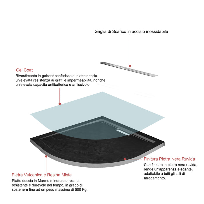 Piatto Doccia Semicircolare 90x90x3cm in Pietra Vulcanica e Resina Mista Finitura Pietra  Nera Ruvida Ultraslim 3 cm Antiscivolo Antibatterico