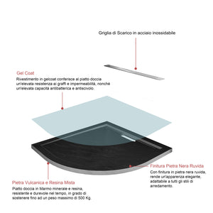 Piatto Doccia Semicircolare 80x80x3cm in Pietra Vulcanica e Resina Mista Finitura Pietra  Nera Ruvida Ultraslim 3 cm Antiscivolo Antibatterico