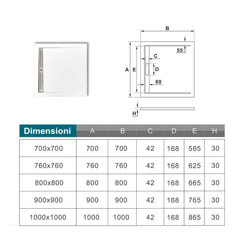Piatto Doccia Quadrato 80x80x3cm in Pietra Vulcanica e Resina Mista Finitura Pietra Bianca Ruvida Ultraslim 3 cm Antiscivolo Antibatterico