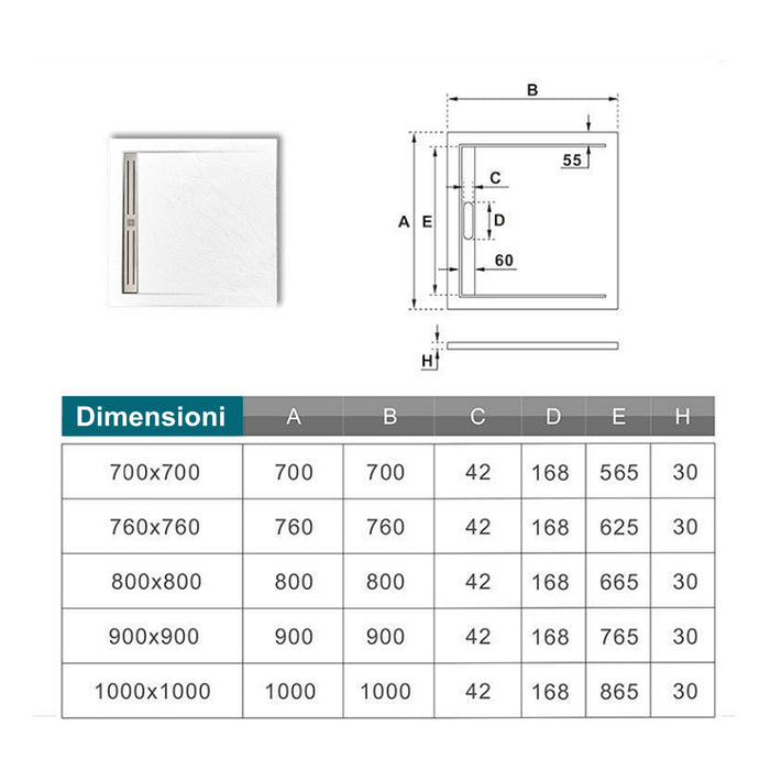 Piatto Doccia Quadrato 80x80x3cm in Pietra Vulcanica e Resina Mista Finitura Pietra Bianca Ruvida Ultraslim 3 cm Antiscivolo Antibatterico