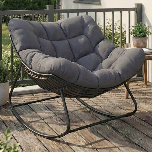 IDMarket - LOA poltrona a dondolo effetto rattan grigio con cuscino grigio