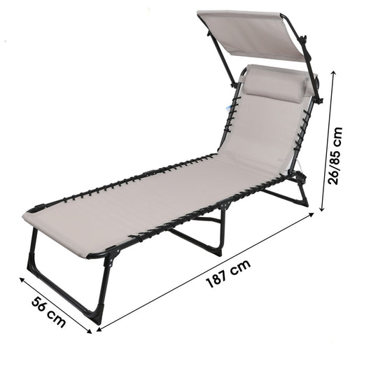 Set di 2 lettini prendisole con tavolino-ombrellone e cuscino - 187x56x85 cm - Metallo nero - Tela taupe