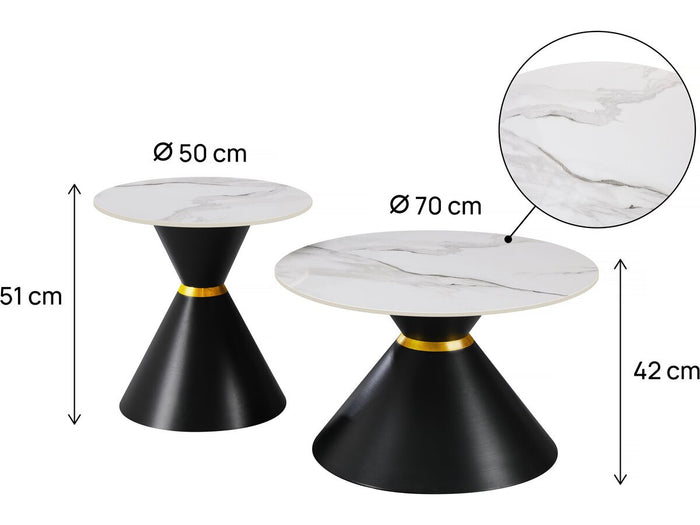 Set di 2 tavolini da caffè impilabili in ceramica "Moon" - 70 x 70 x 42 cm - Grigio/Bianco