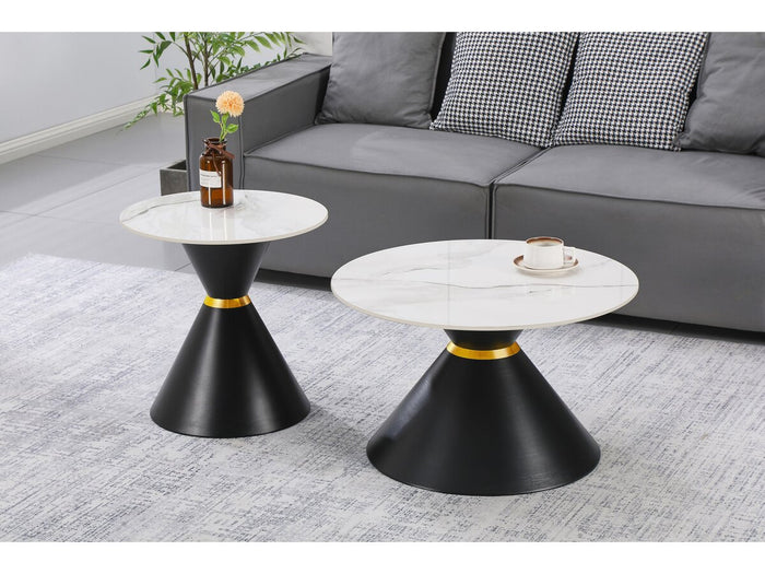 Set di 2 tavolini da caffè impilabili in ceramica "Moon" - 70 x 70 x 42 cm - Grigio/Bianco