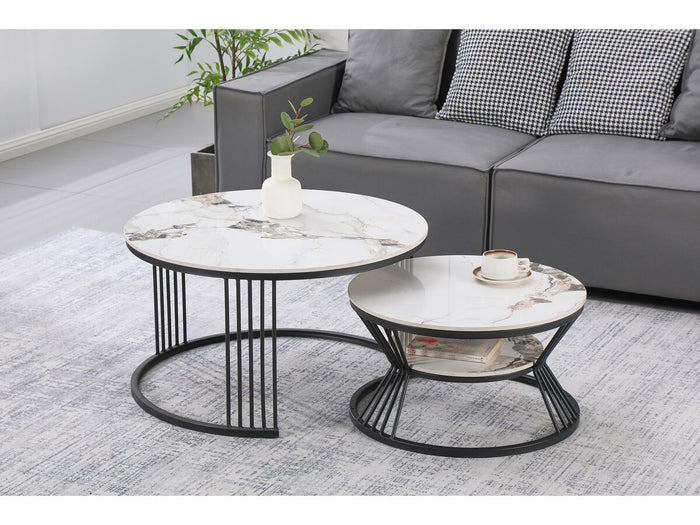 Set di 2 tavolini da caffè impilabili in ceramica "Ombre" - 70 x 70 x 45 cm - Bianco