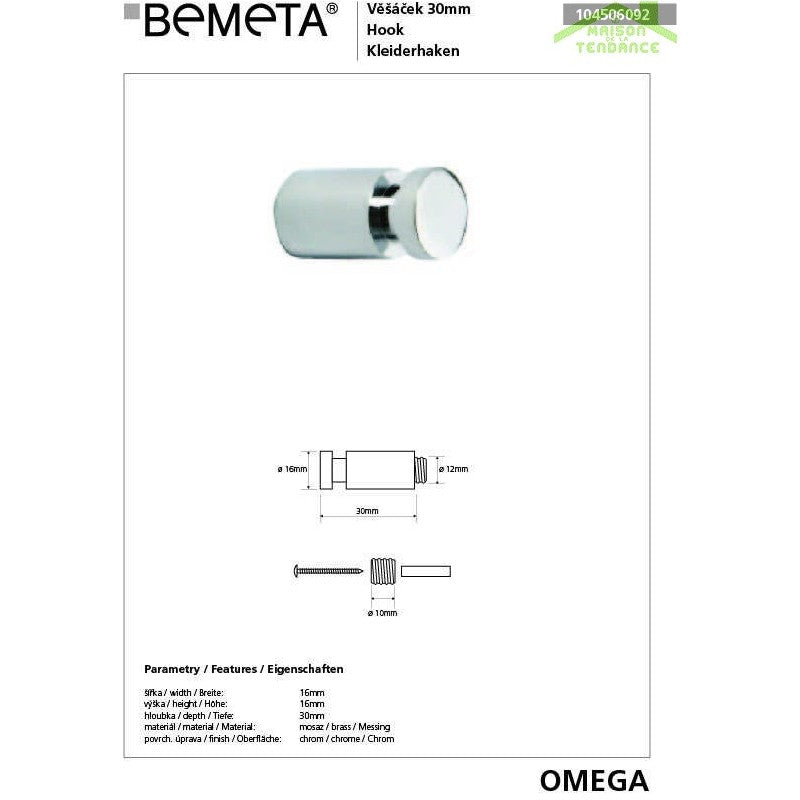 Set di 3 ganci singoli OMEGA in ottone cromato 1,6x1,6x3cm