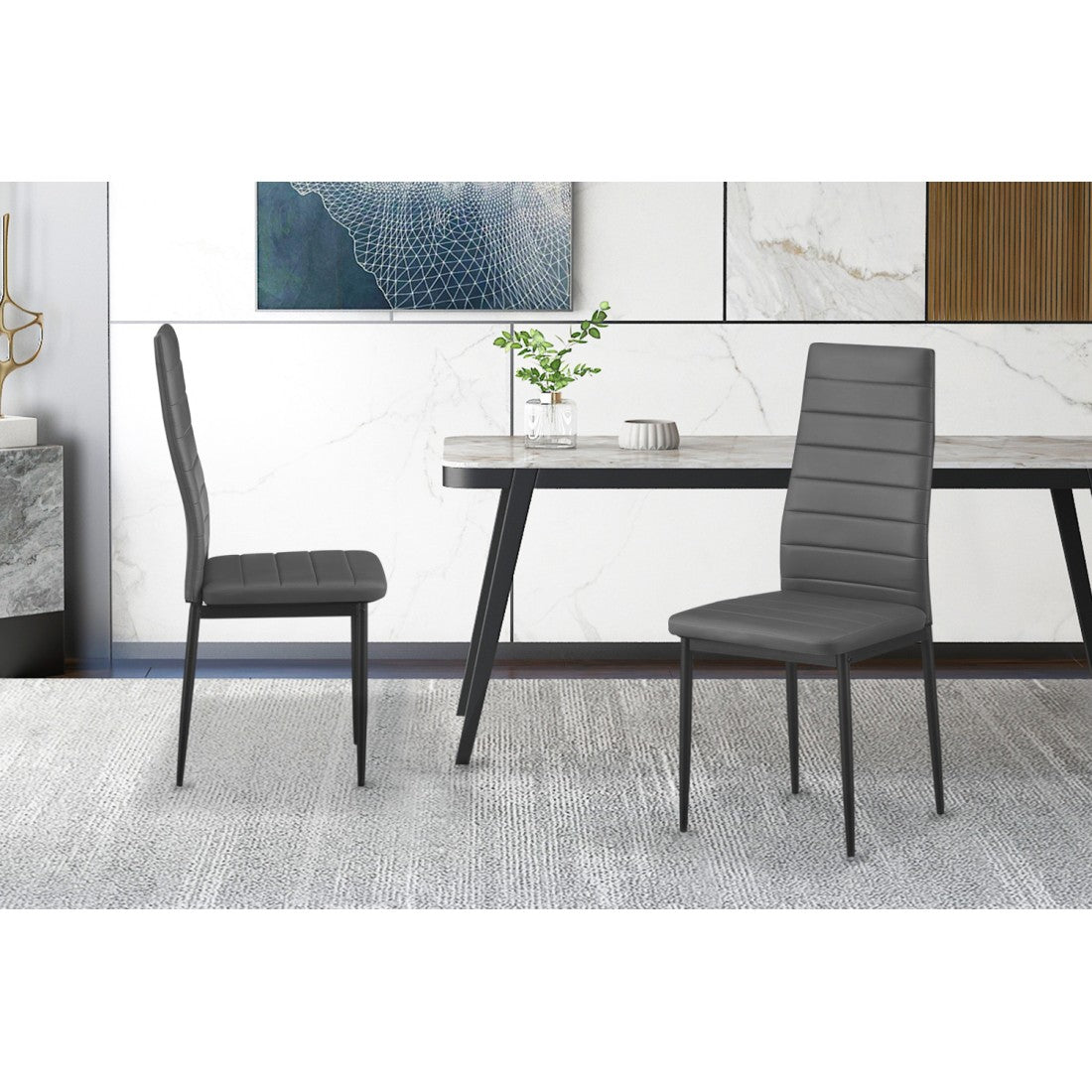 Set di 4 sedie da pranzo KEIZO – Design moderno – Gambe in metallo nero – Rivestimento in PU grigio