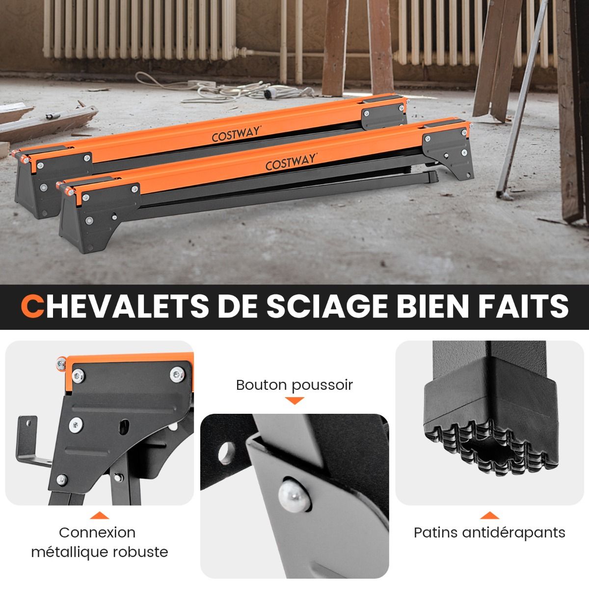 Set 2 cavalletti per sega in metallo pieghevoli portata 500 kg cavalletti con 2x4 bracci di sostegno piedini ad apertura rapida 96,5 x 47 x 76 cm arancione 20_0008787