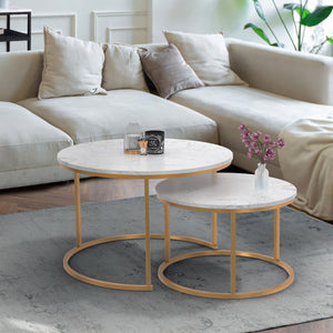 IDMarket - Lote de 2 mesas de centro redondas ALASKA 54/70 con efecto mármol y patas doradas