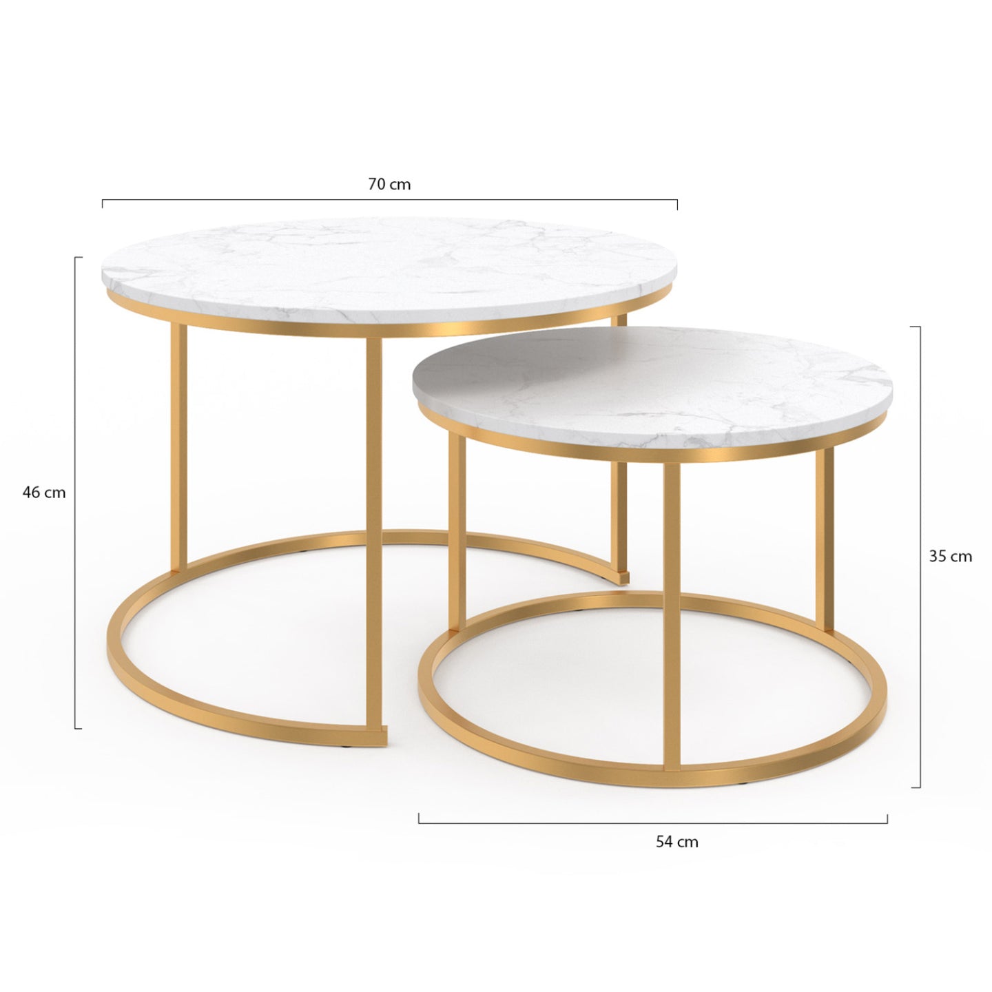 IDMarket - Lote de 2 mesas de centro redondas ALASKA 54/70 con efecto mármol y patas doradas