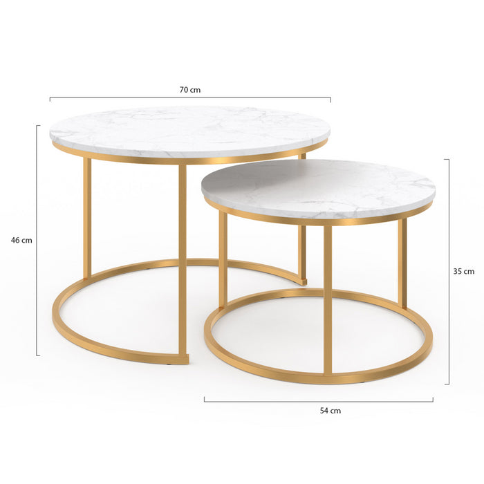IDMarket - Lote de 2 mesas de centro redondas ALASKA 54/70 con efecto mármol y patas doradas