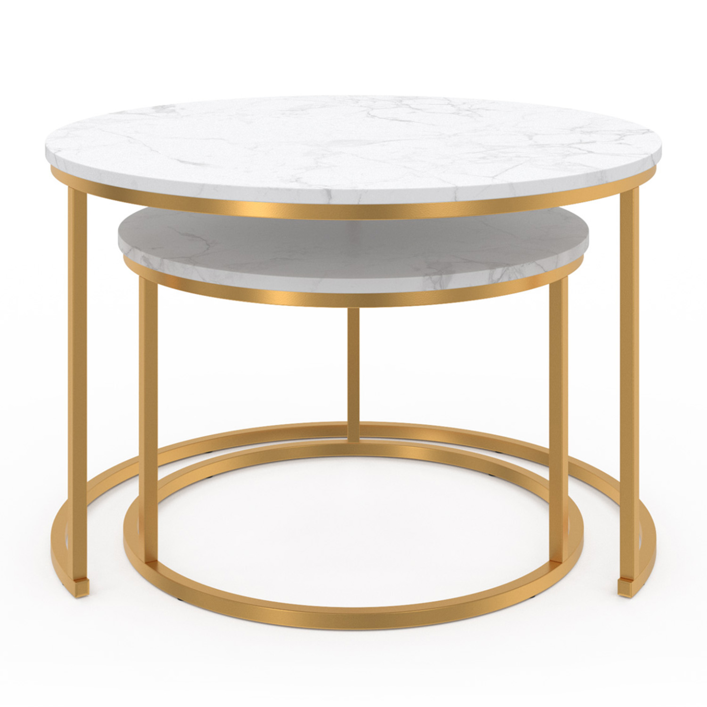 IDMarket - Lote de 2 mesas de centro redondas ALASKA 54/70 con efecto mármol y patas doradas