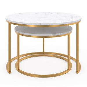 IDMarket - Lote de 2 mesas de centro redondas ALASKA 54/70 con efecto mármol y patas doradas