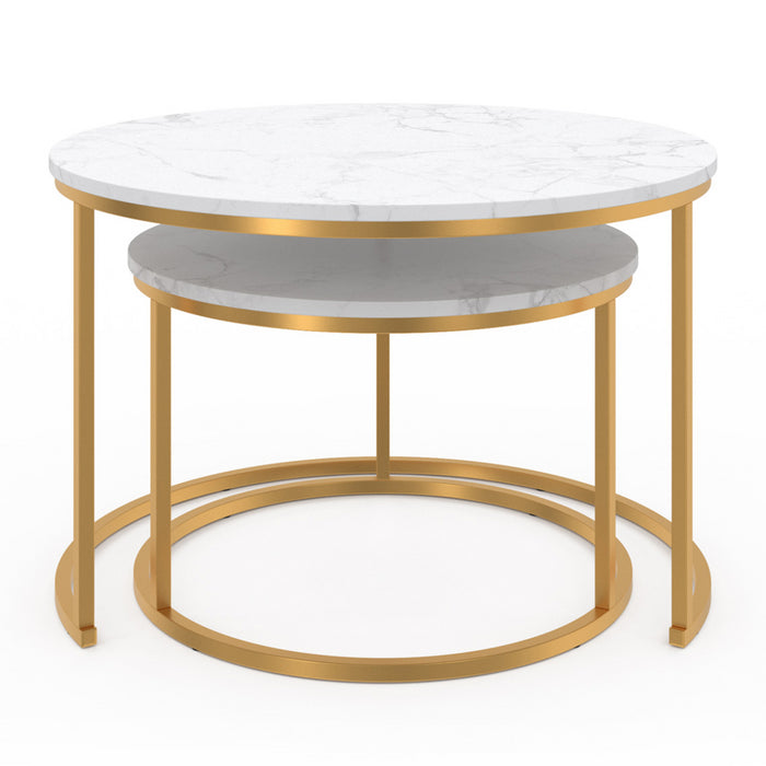 IDMarket - Lote de 2 mesas de centro redondas ALASKA 54/70 con efecto mármol y patas doradas