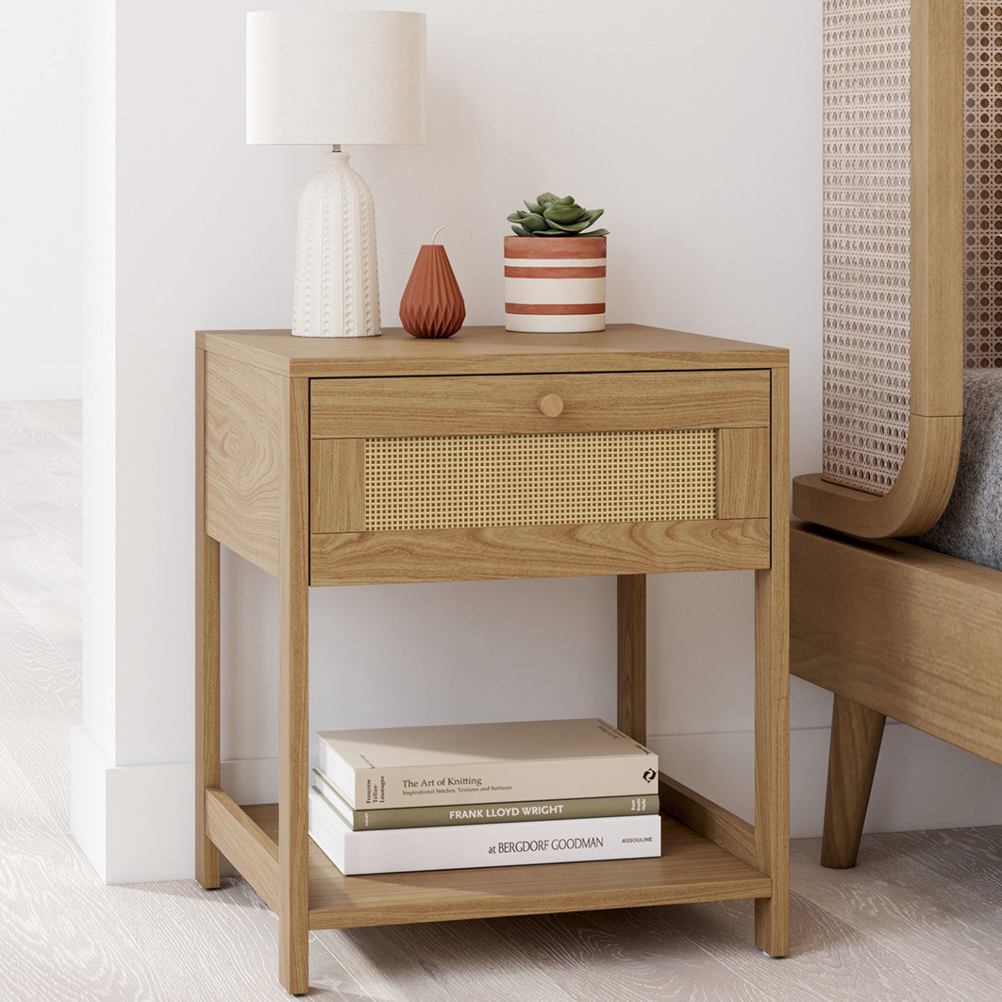 IDMarket - Lote de 2 mesillas de noche vintage HANAE 1 cajón 1 estante efecto caña natural