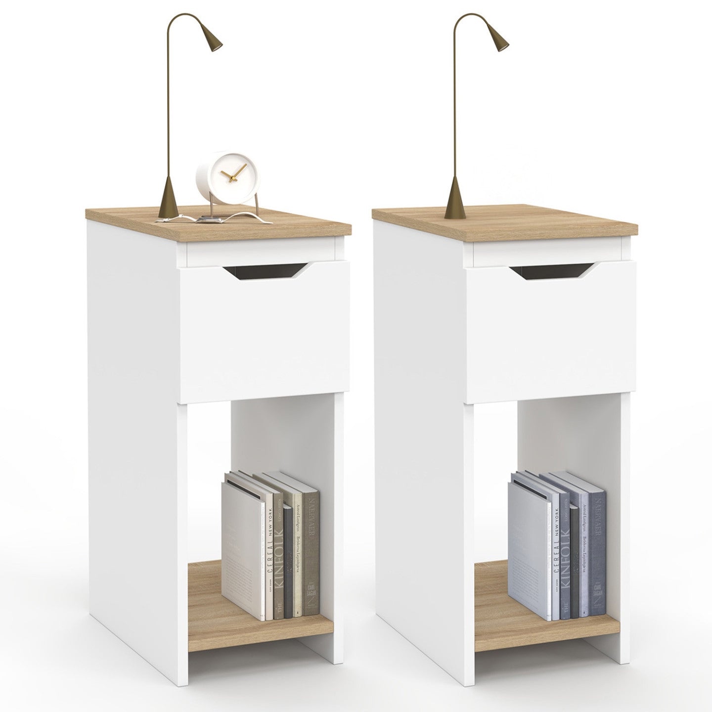 IDMarket - Lote de 2 mesitas de noche ANOUK, 1 cajón y una hornacina, blanco y madera