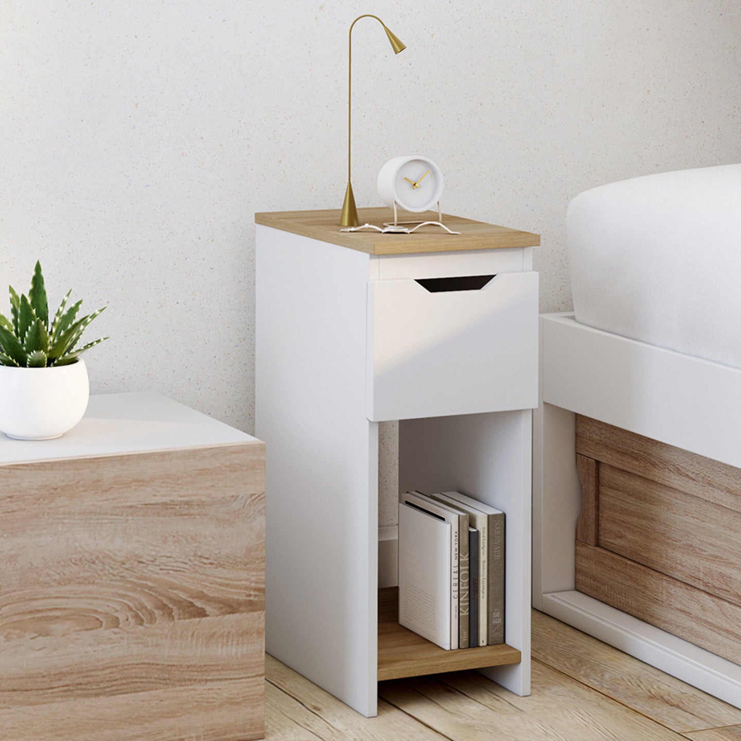 IDMarket - Lote de 2 mesitas de noche ANOUK, 1 cajón y una hornacina, blanco y madera