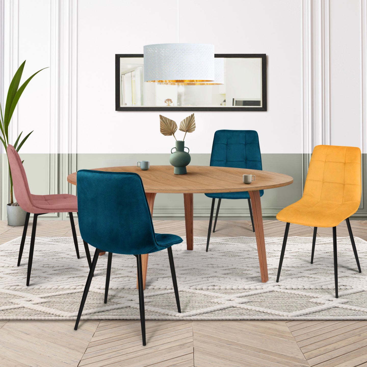 IDMarket - Lote de 4 sillas MILA en mezcla de terciopelo color azul x2, amarillo ocre, rosa