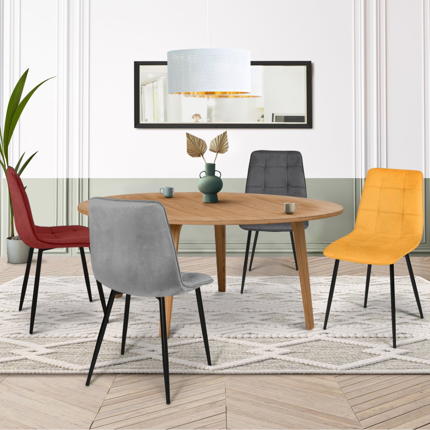 IDMarket - Lote de 4 sillas mixtas de terciopelo vintage MILA en burdeos, gris oscuro, gris claro y amarillo ocre