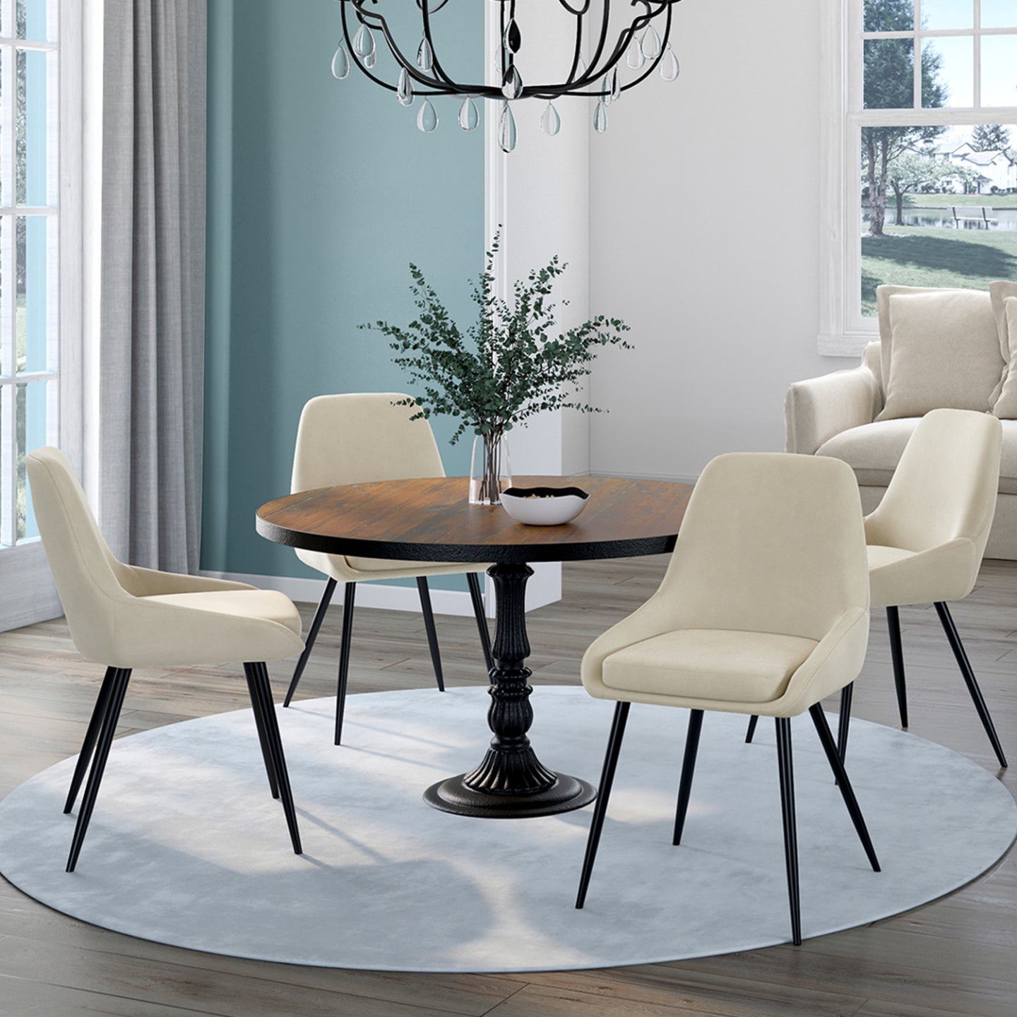 IDMarket - Lote de 4 sillas THALYA de terciopelo beige con medio reposabrazos