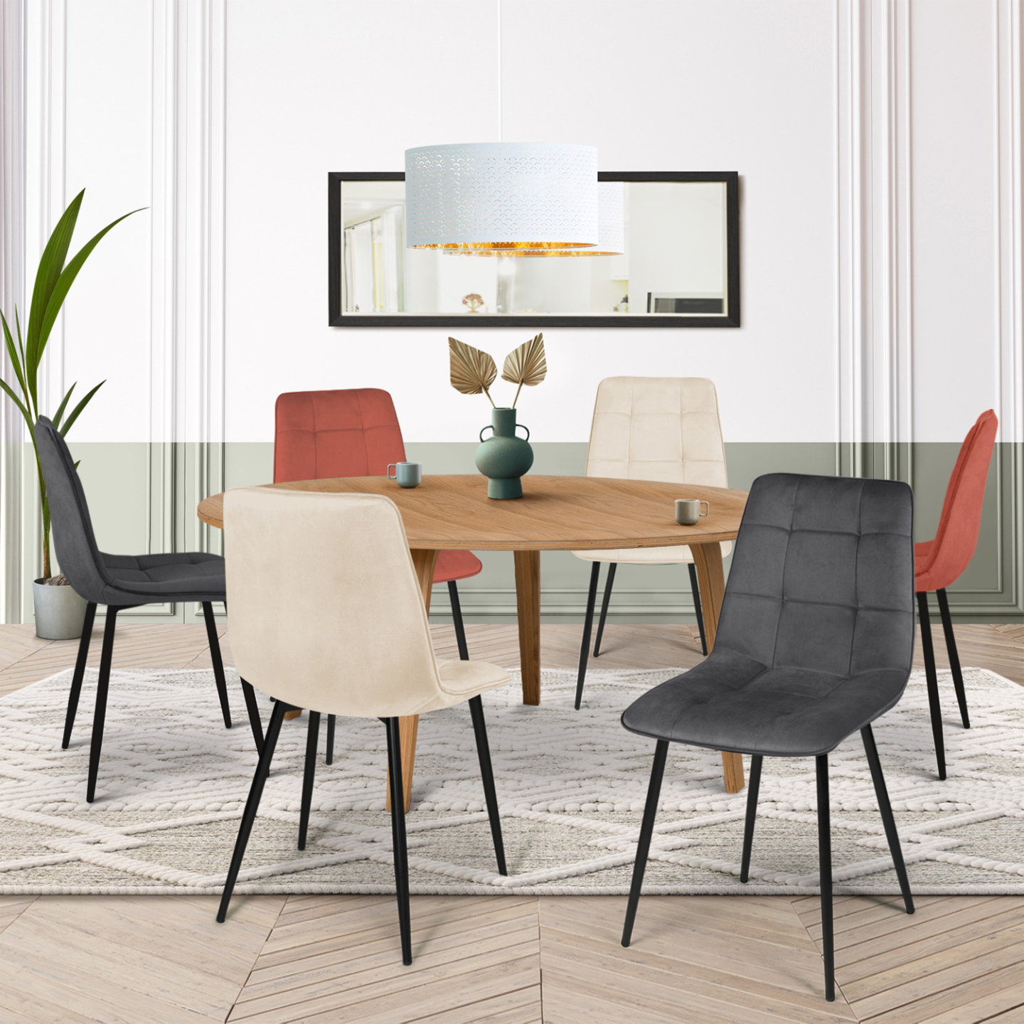 IDMarket - Lote de 6 sillas MILA en mezcla de terciopelo color terracota x2, gris oscuro x2 y beige x2