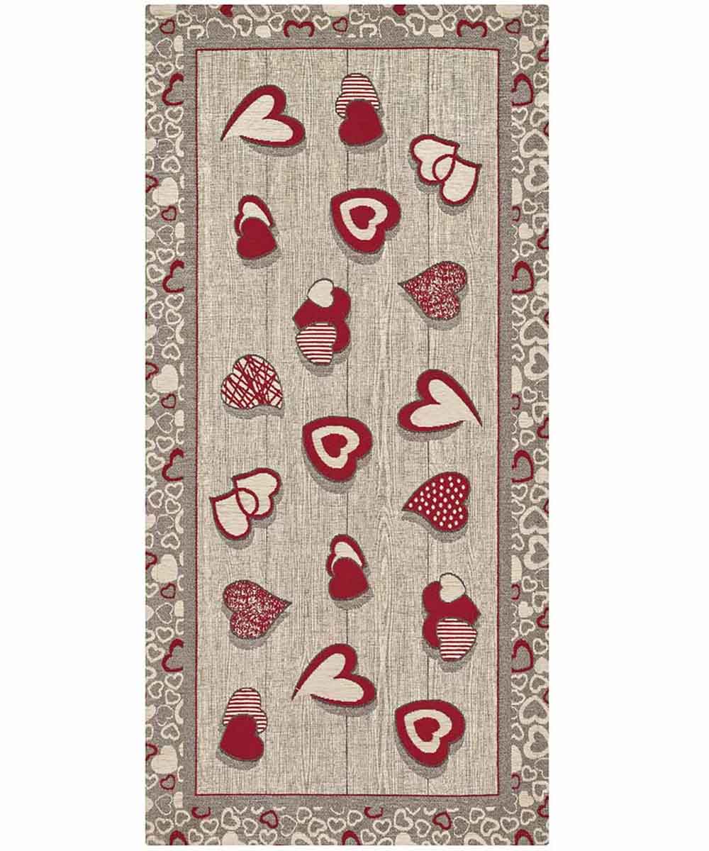 Tappeto LOVELY beige rosso moderno cuori, passatoia cucina multiuso lavabile antiscivolo cm.55x280