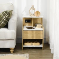 Comodino moderno con 2 Prese, 2 porte USB e Cassetto in truciolato, 40x40x60cm, Color Legno