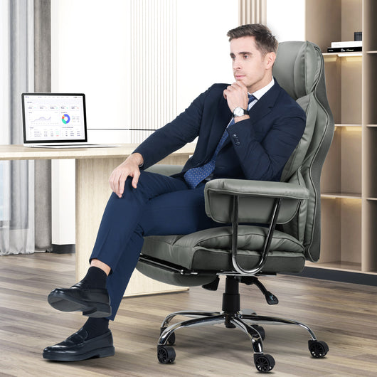 Sedia da Ufficio - RATTANTREE - Poltrona presidenziale - Sedia Girevole con Schienale Alto in Pelle, con Poggiatesta, Bracciolo e Poggiapiedi Retrattile - Grigio