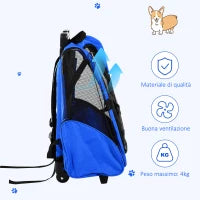 Trasportino Zaino 2 in 1 per Cani e Gatti con Tasche Laterali, Maniglia Telescopica e Ruote, 42x25x55cm, Azzurro