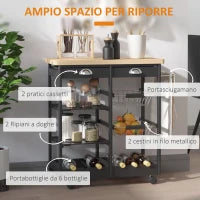 Carrello da Cucina Multiuso in Legno di Pino 74 x 37 x 75cm Nero