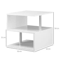 Tavolino Basso Da Salotto, Tavolino da Salotto Bianco, Design Moderno, Superficie Ampia, Due Ripiani, Forma S, in Legno e Ferro, 50 x 50 x 50cm, Bianco